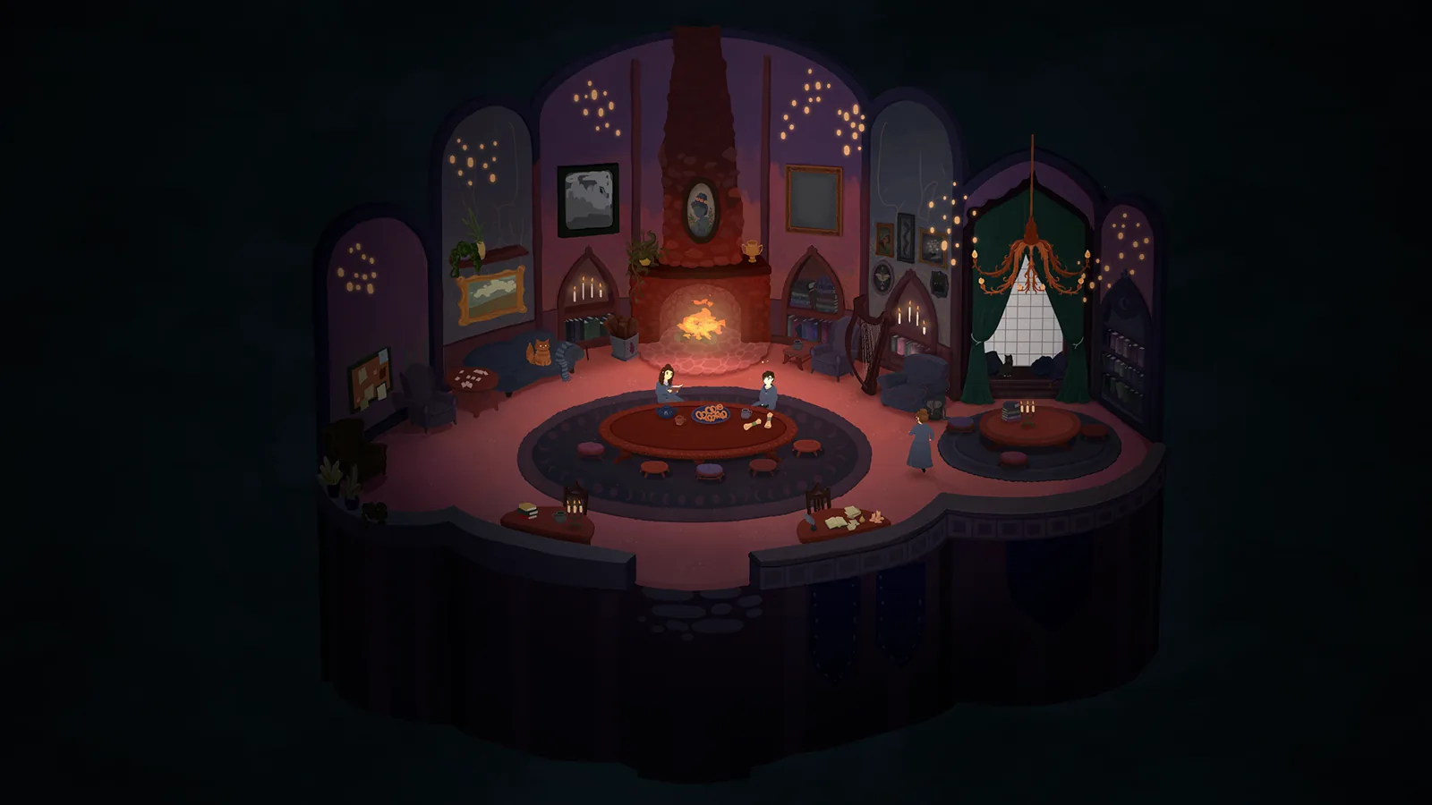 Official screenshot of the common room and its lit fireplace